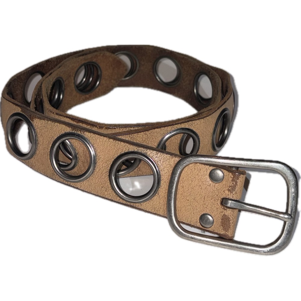 Y2K Fossil Grommet Belt Distressed Tan Leather Silver Eyelet Grunge Large 35-41"